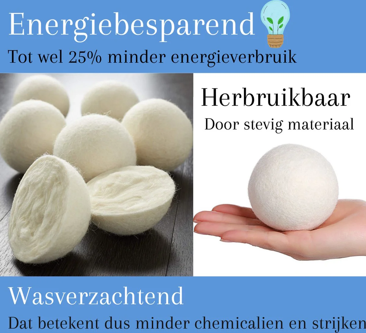 6x Energiebesparende Wasdroger ballen van wol - Wasbol anti pluis - Drogerballen voor wasmachine - Wasverzachtende Droogballen - Wasbol - Wasdrogerballen - Wasbollen - Droogballen voor droogtrommel - Wasballen voor wasmachine -