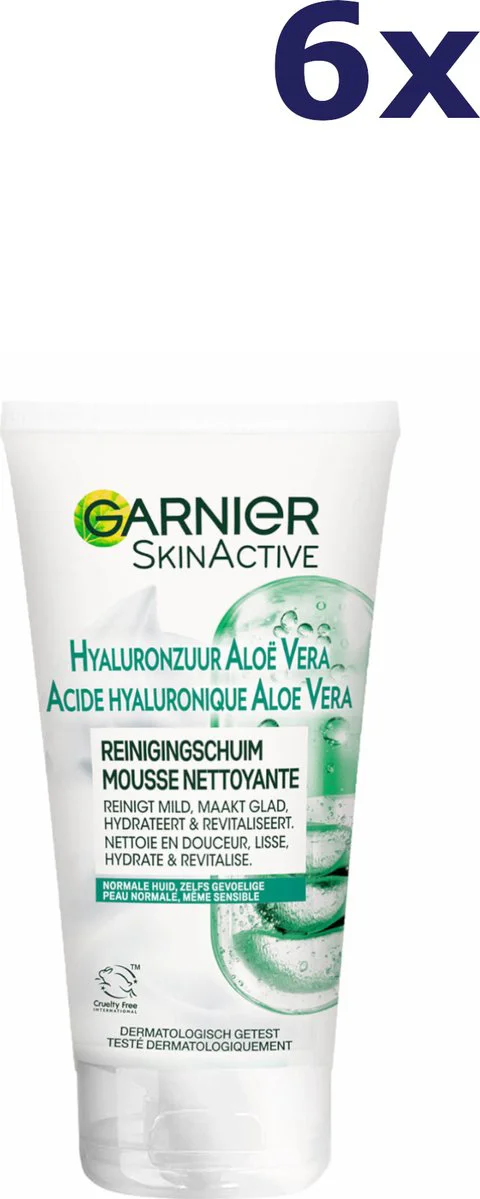 6x Garnier SkinActive Hyaluronzuur Aloë Vera Gezichtsreinigingsschuim 150 ml