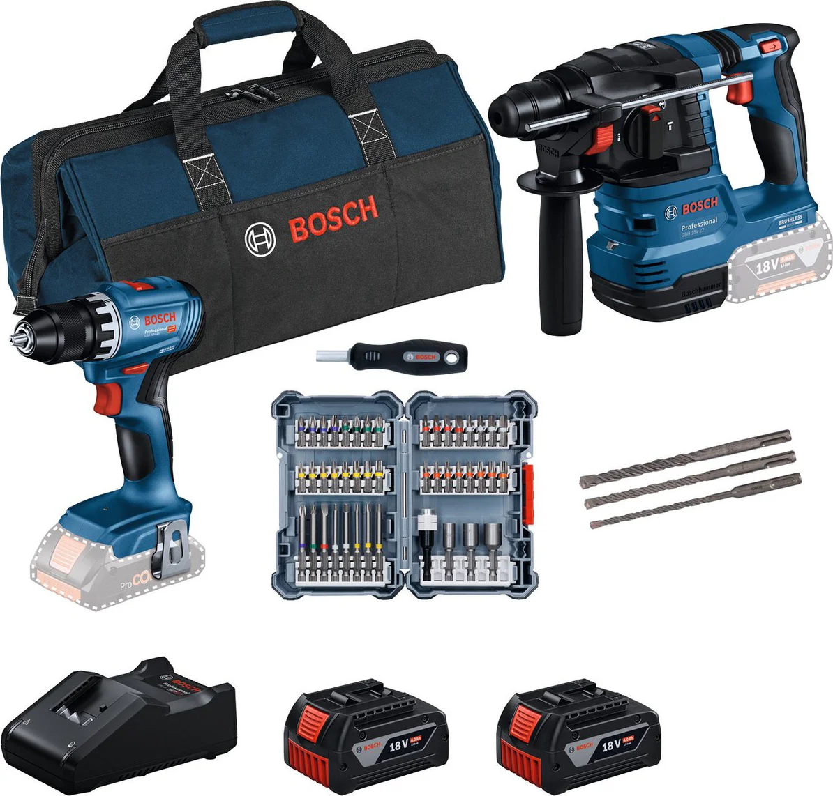 Bosch Professional GBH 18V-22 + GSR 18V-45 Combiset + Accessoires
