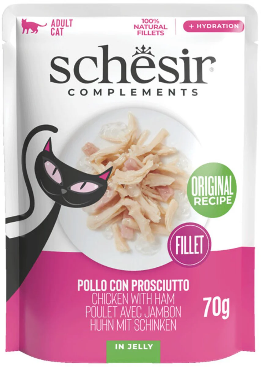 12x Schesir Complementary Kattenvoer Kip & Ham in Gelei 70 gr