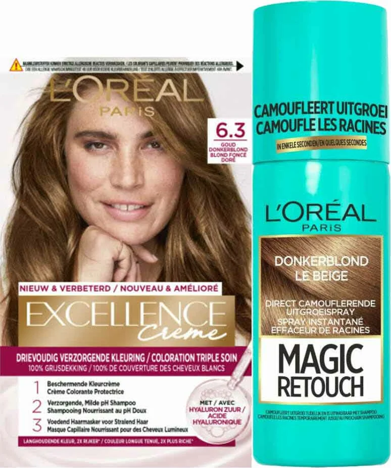 L'Oréal Excellence Creme 6.3 Donker Goudblond + Magic Retouch Uitgroeispray Donkerblond 75 ml Pakket
