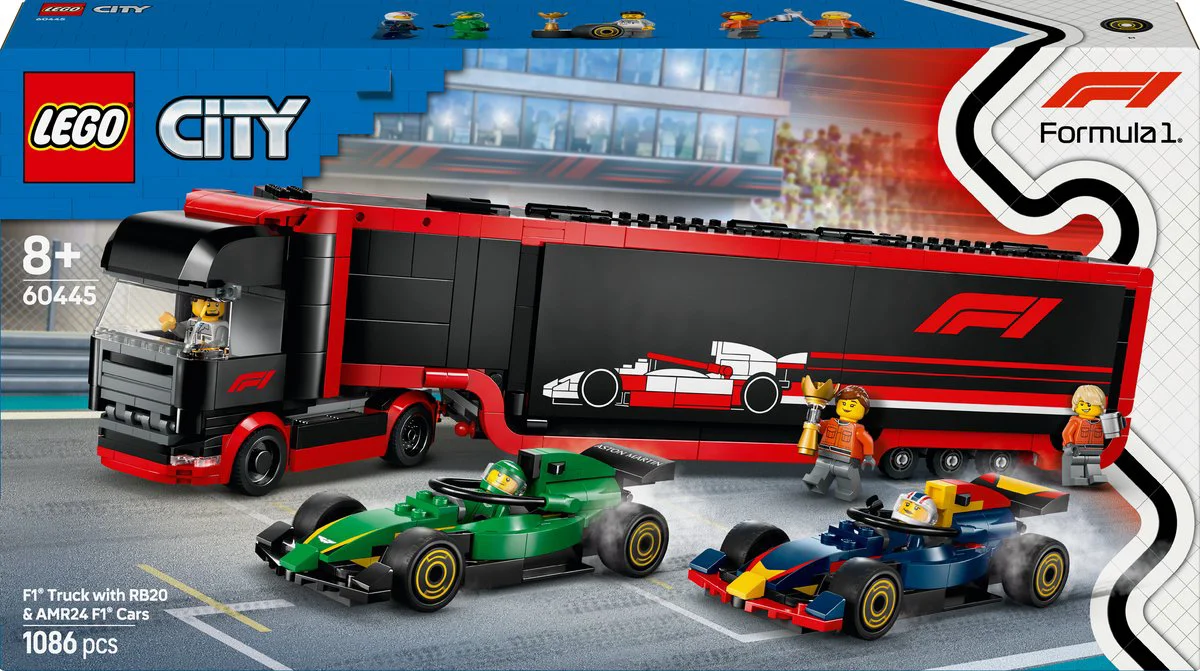 LEGO City F1 truck met RB20 en AMR24 F1 auto's 60445
