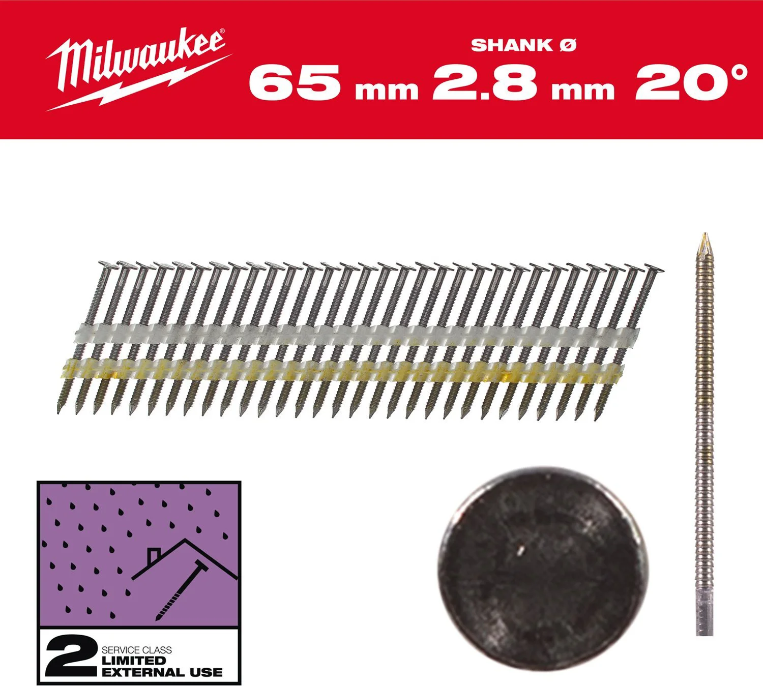 Milwaukee Rondkopnagels 20° 65 x 2,8mm | ring schacht | gegalvaniseerd VE=2000 - 4932492591