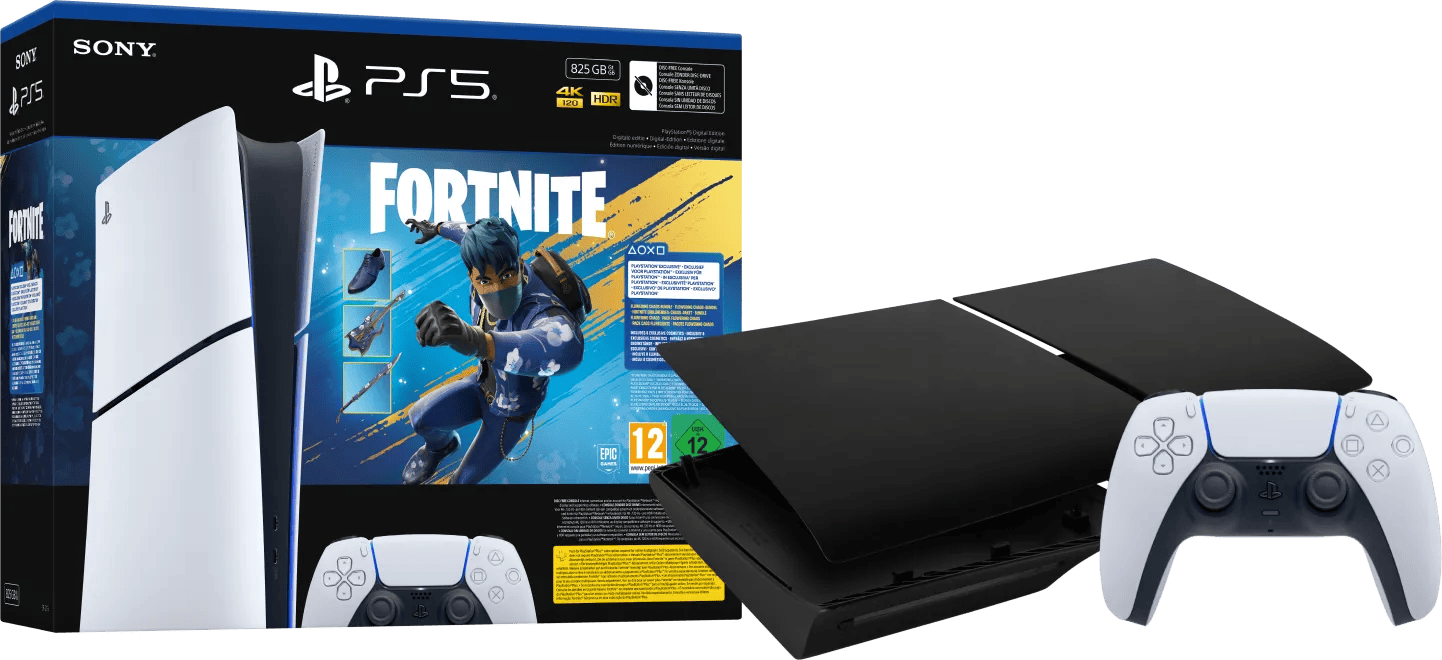 Sony PlayStation 5 Slim Digital Edition Fortnite bundel + Covers Zwart + Extra Controller Wit
