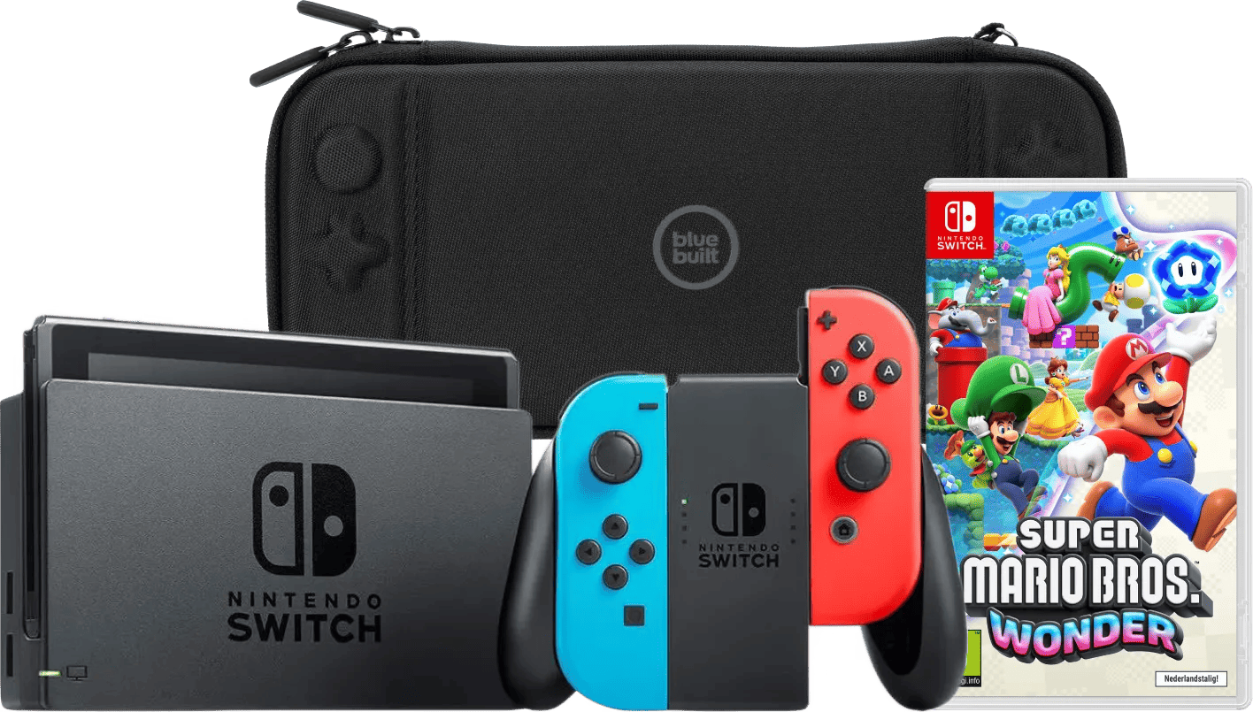 Nintendo Switch Rood/Blauw + Super Mario Bros. Wonder + BlueBuilt Beschermhoes