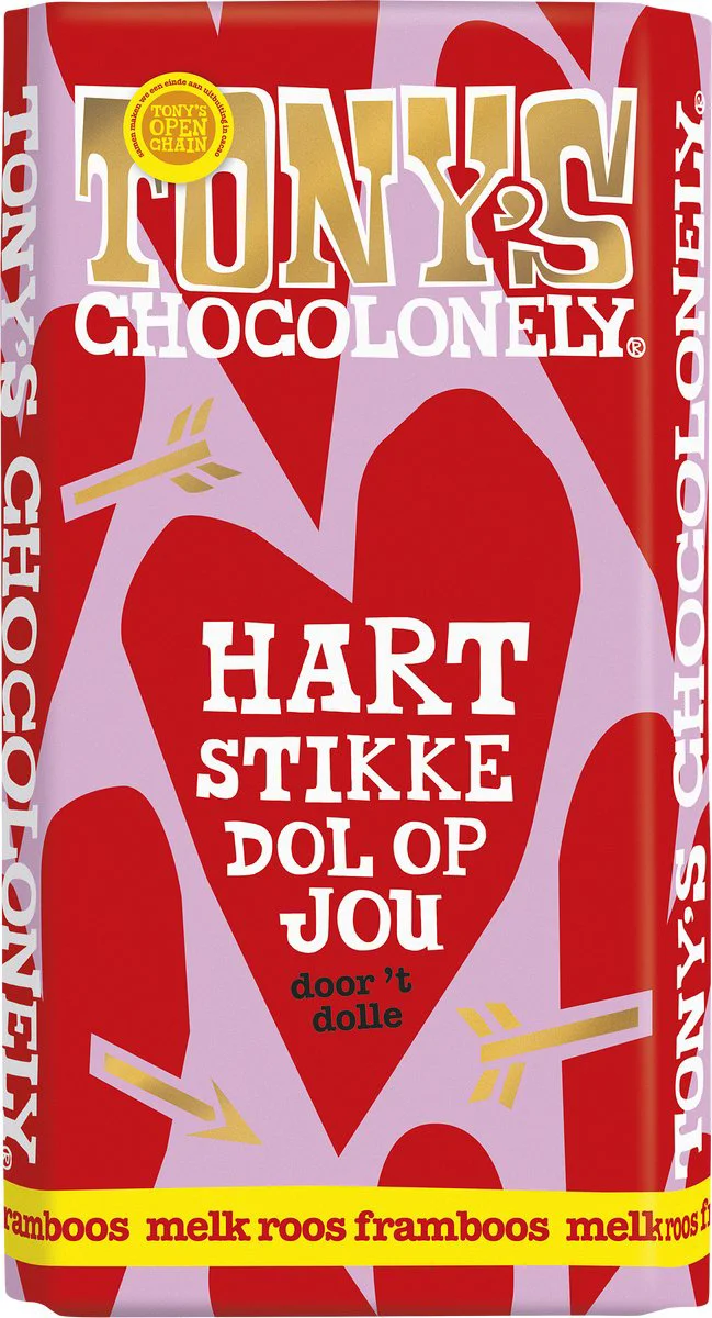 Tony's Chocolonely Lief chocoladereep - Chocoladecadeau- Melk Roos Framboos - Hart - 180 gram