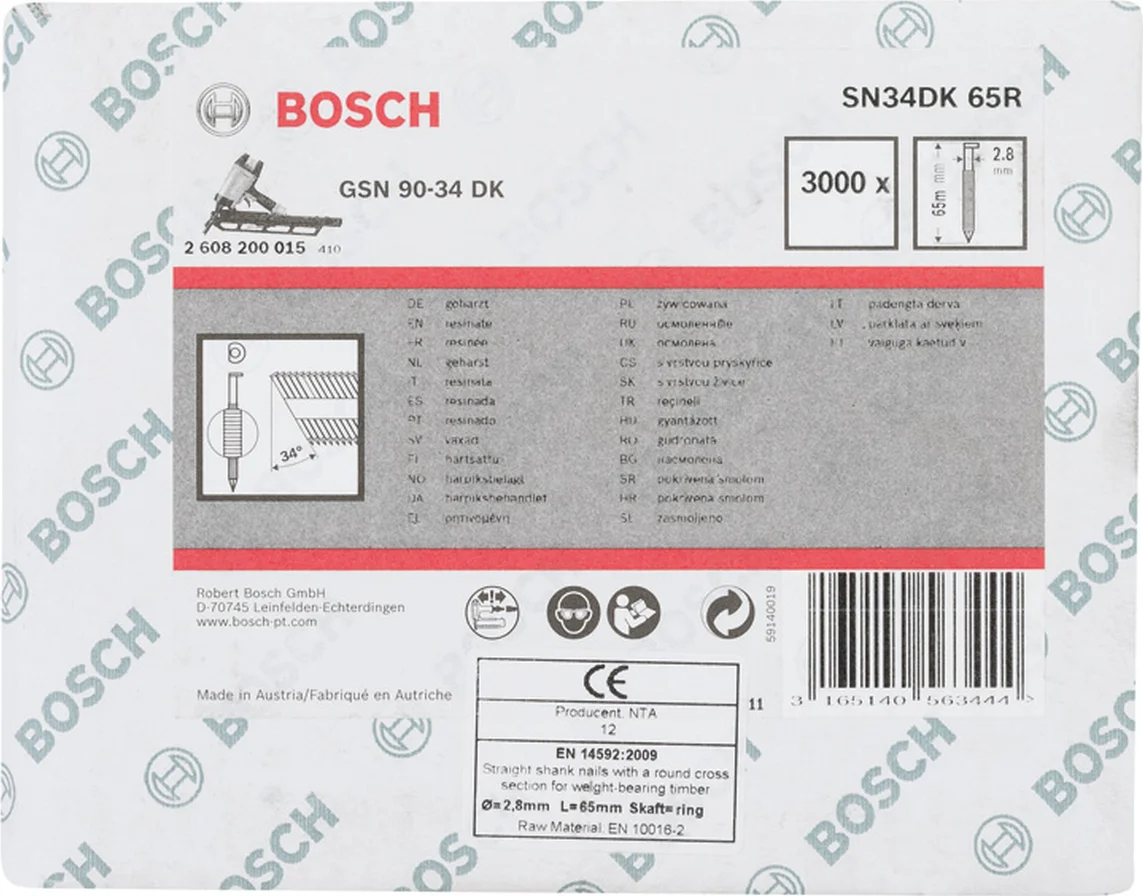 Bosch Professional PRO SN34CH D-kop nagel 65 mm | 34° | Geringd | Blank | 2,8 x 7,0 (D-vorm) | 3000 stuks - 2608200015