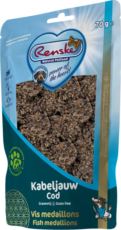10x Renske Gezonde Beloning Medallions Hondensnack Kabeljauw 70 gr
