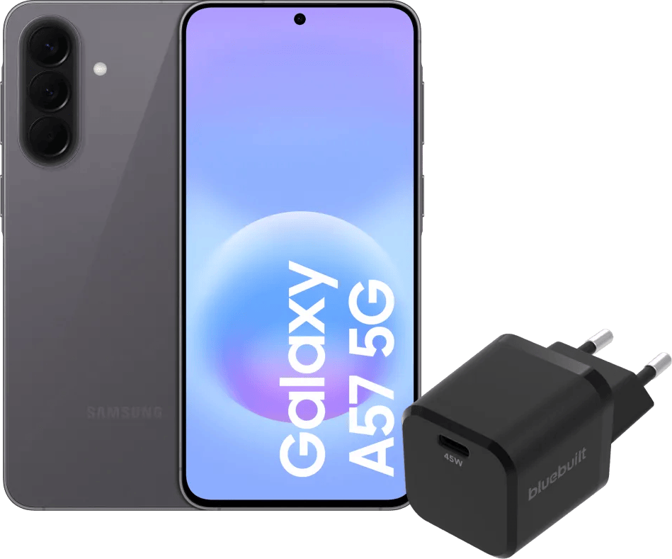 Samsung Galaxy A57 128GB Grijs 5G + BlueBuilt Oplader met Usb C Poort 45W Zwart