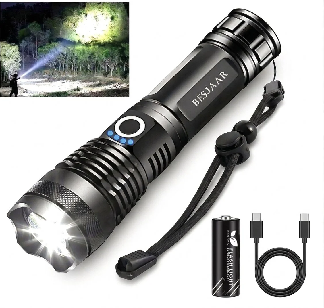 Besjaar Zaklamp LED Oplaadbaar - Militaire zaklamp - 5000 Lumen - USB-C oplaadbaar- inclusief opladerbare batterijen en kabel- waterdicht - camping
