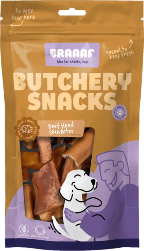 10x Braaaf Hondensnack Butchery Beef Head Skin Bites 150 gr