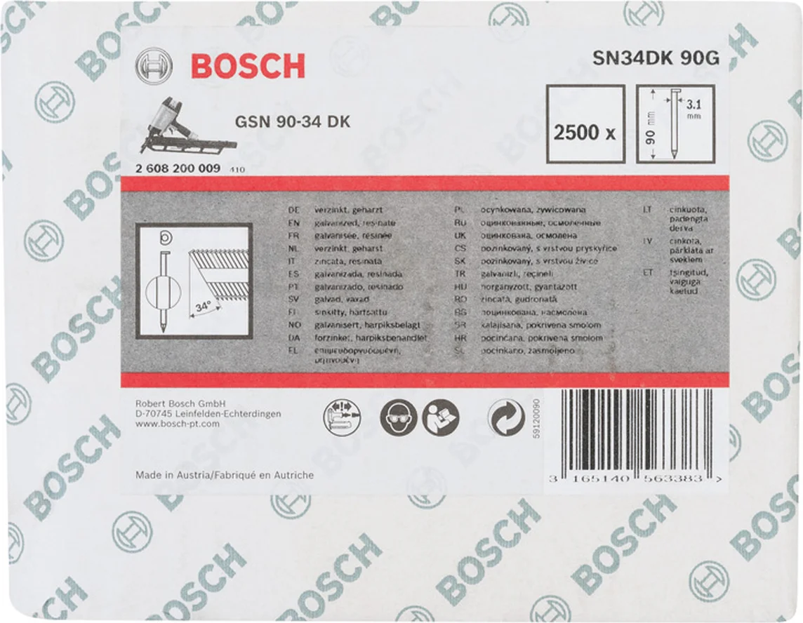 Bosch Professional PRO SN34CH D-kop nagel 90 mm | 34° | Glad | Gegalvaniseerd | 3,1 x 7,1 (D-vorm) | 2500 stuks - 2608200009