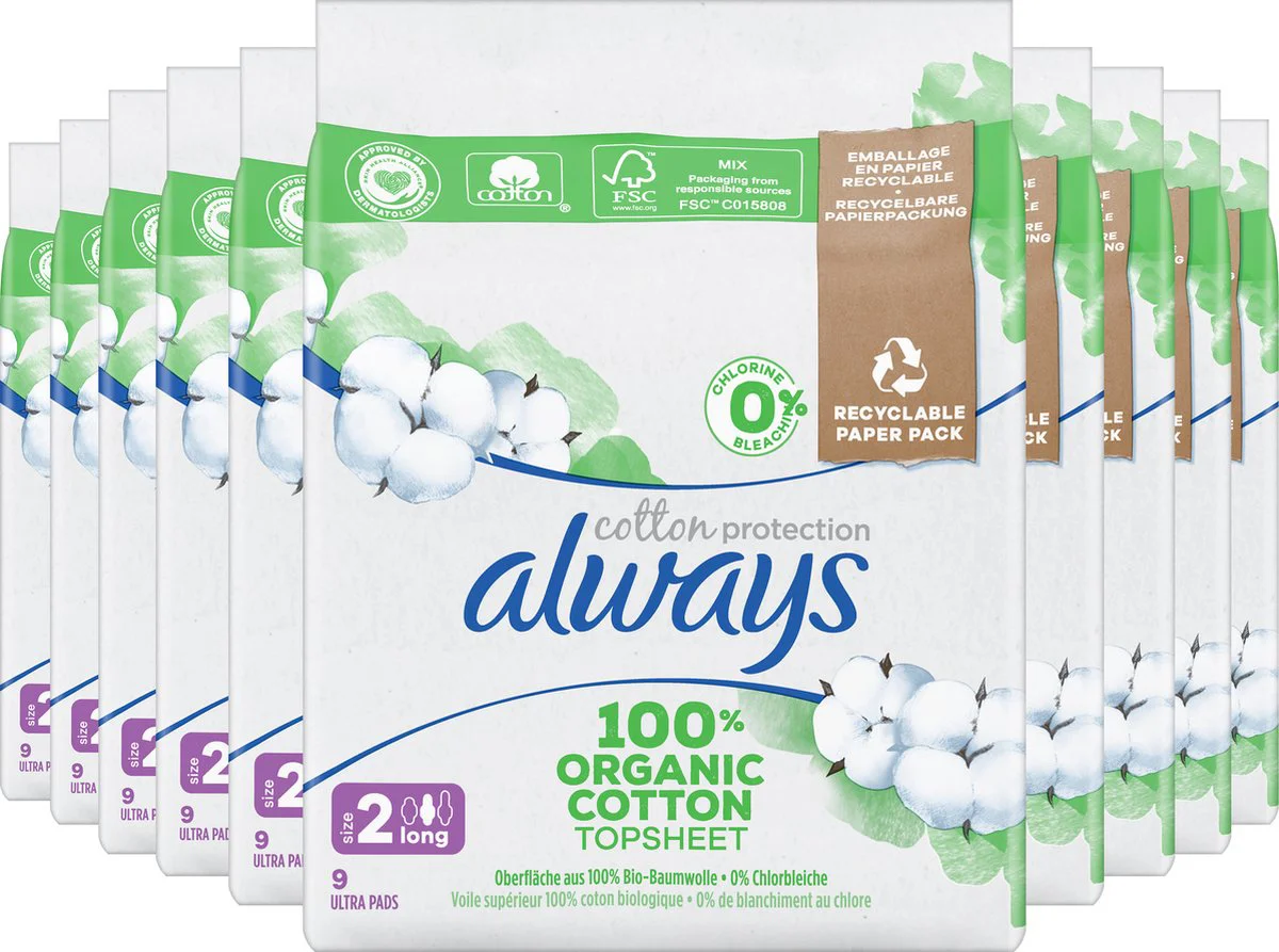 10x Always Maandverband Bio Cotton Protection Ultra Long met Vleugels 9 stuks