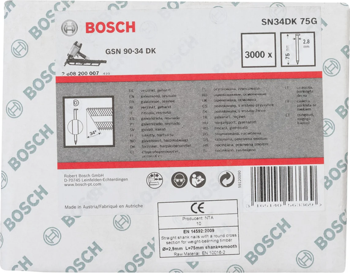 Bosch Professional PRO SN34CH D-kop nagel 75 mm | 34° | Glad | Gegalvaniseerd | 2,8 x 7,0 (D-vorm) | 3000 stuks - 2608200007