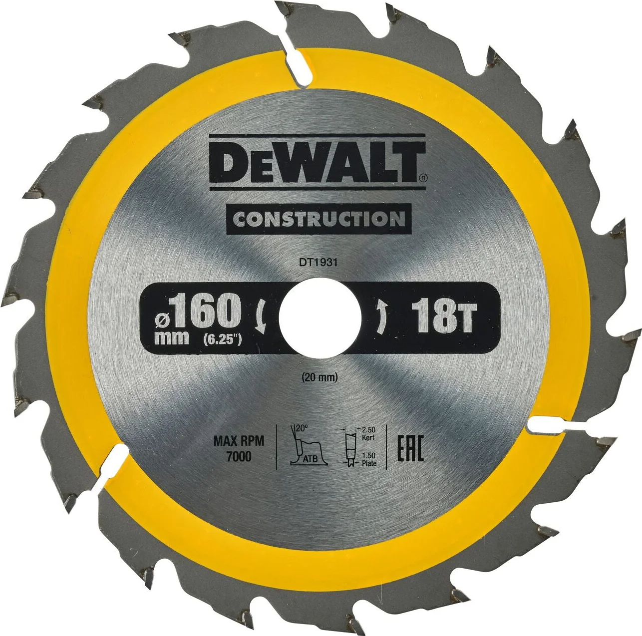 DeWALT Cirkelzaagblad voor Hout | Construction | Ø 160mm Asgat 20mm 18T - DT1931-QZ