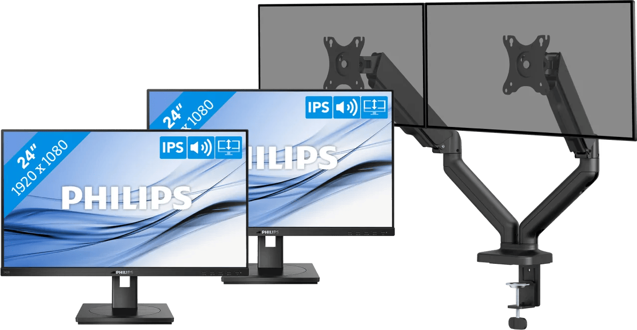 Philips 242B1G/00 Duo Pack + BlueBuilt Monitorarm Mechanische Veer voor 2 Monitoren