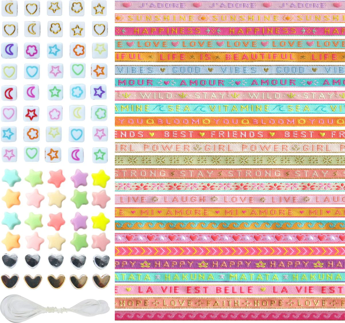 Principessa Festivallint Pastel pakket voor armbanden – 10 x 1 meter Festival lint / Love Lint / Tekst Lint – Pastelmix – 70 lintkralen met groot gat
