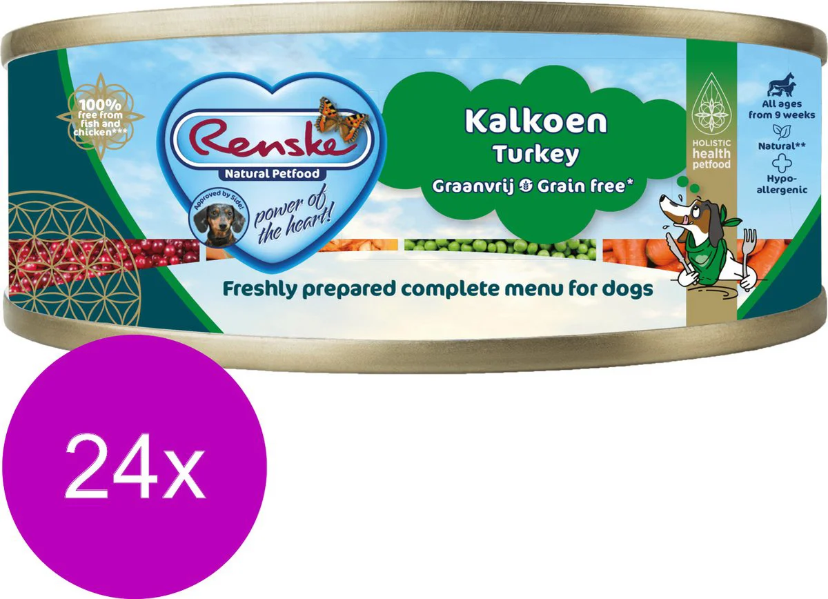 24x Renske Vers Gestoomd Complete Menu Hondenvoer Nat Senior Kalkoen Graanvrij 95 gr