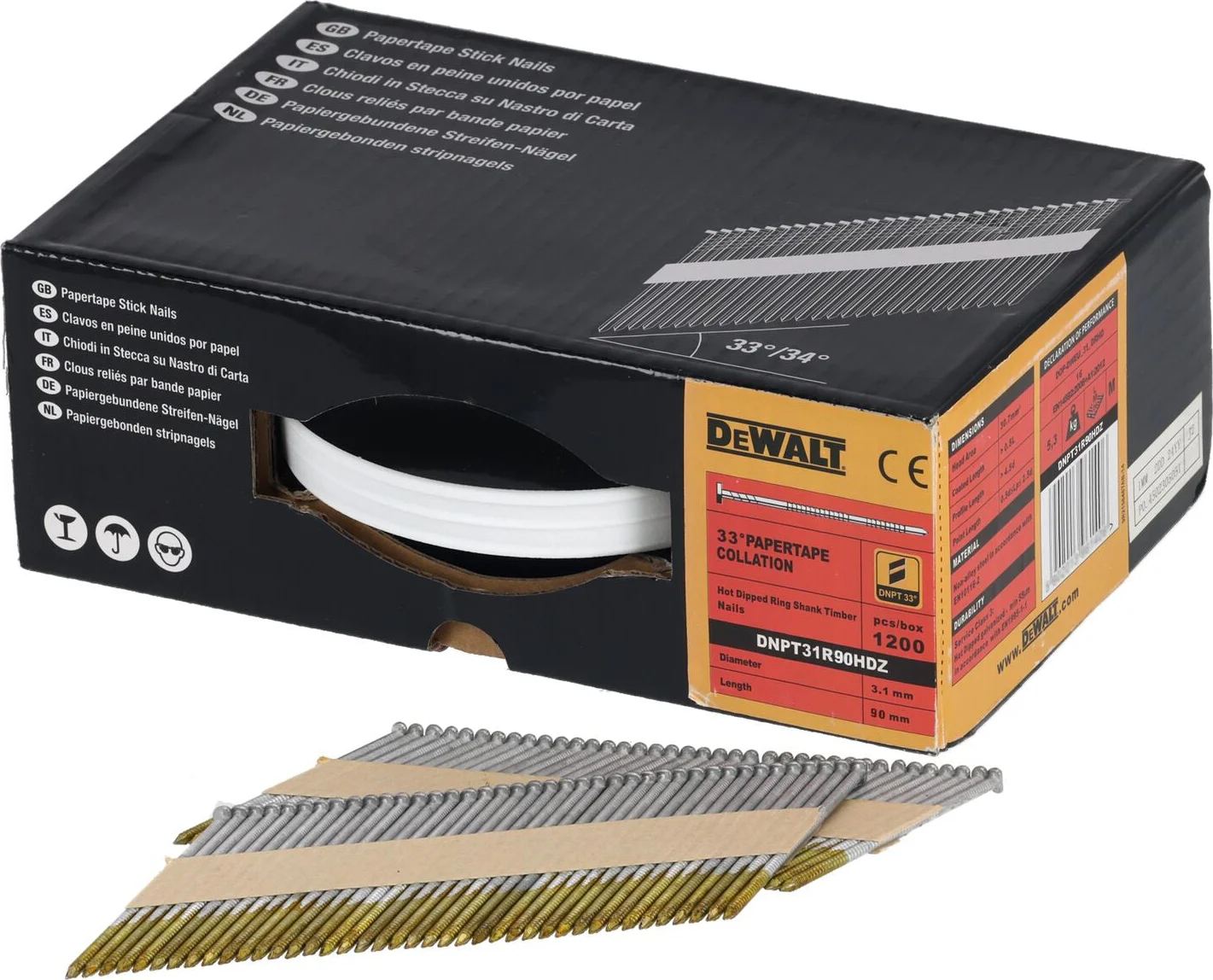 DeWALT DNPT31R90HDZ 33º Papiergebonden Spijkers 3.1x90mm Thermisch verzinkt / Geringd VE=1200