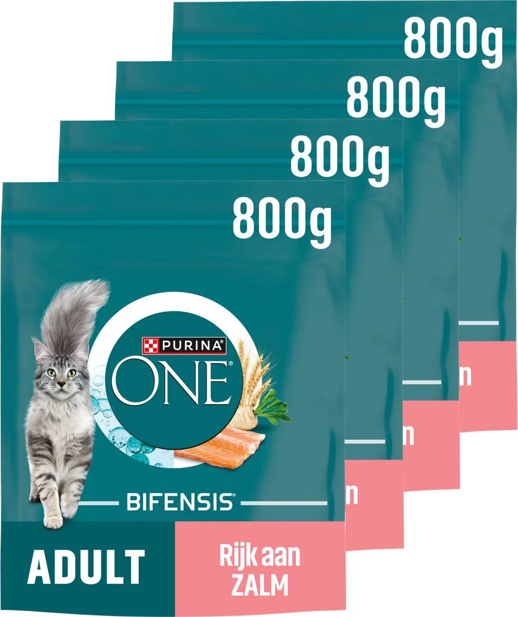 4x Purina ONE Kattenvoer Droog Adult Zalm - Volkoren Granen 800 gr