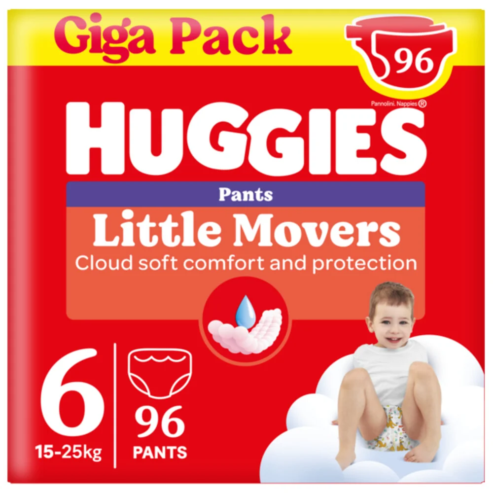Huggies® Little Movers baby luierbroekjes, Maat 6 (15 tot 25 kg), 96 luierbroekjes met Disney© designs, Giga pack