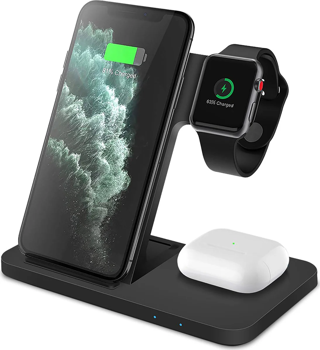 CHEROY 3-in-1 Draadloze Oplader - 15W Snellader - Qi Oplaadstation - Geschikt voor MagSafe, Apple Watch - Smartphone & Oortjes - Wireless Charger - Zwart