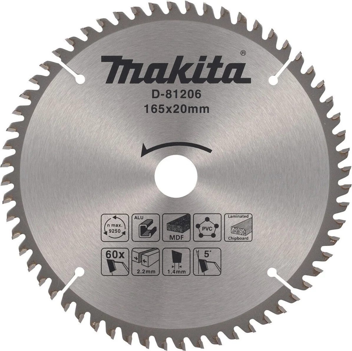 Makita D-81206 Cirkelzaagblad diverse materialen | 165 x 20 mm | 60-tands