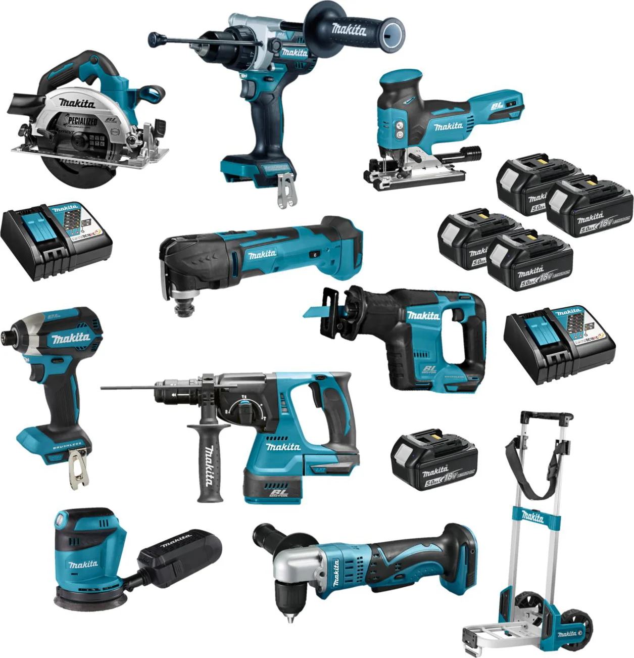 Makita DLX1036TJ2 Accu Combiset 10-delig met Trolley 18V 5.0Ah in Mbox
