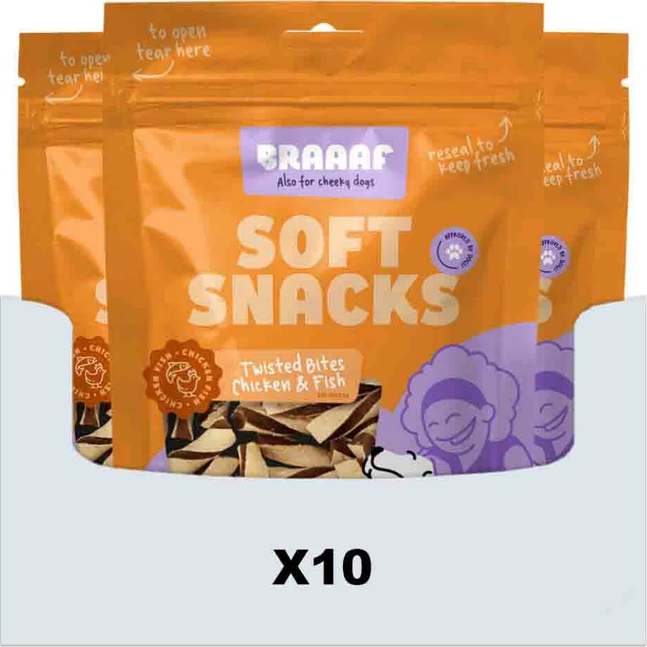 10x Braaaf Hondensnack Twisted Bites Kip - Vis 85 gr