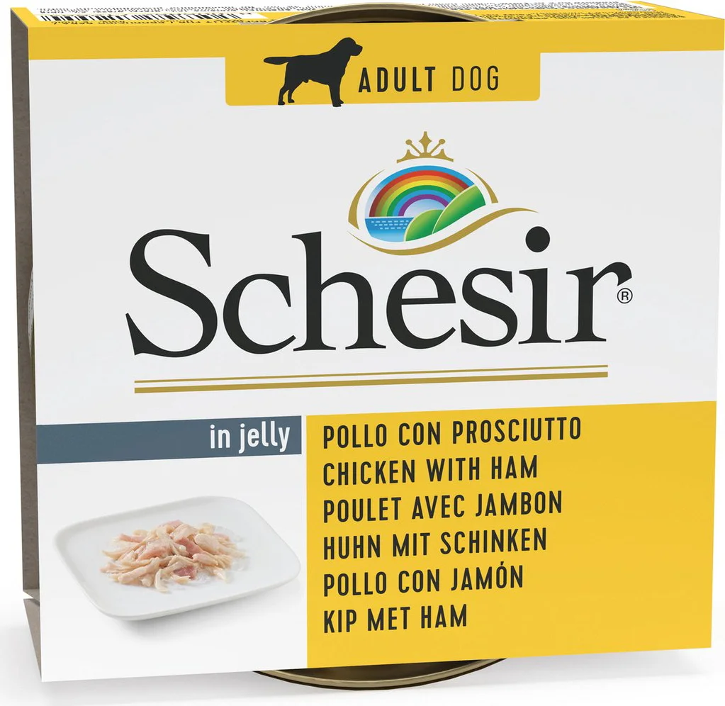 Schesir Hondenvoer Nat Blik Jelly Kipfilet en Ham 150 gr