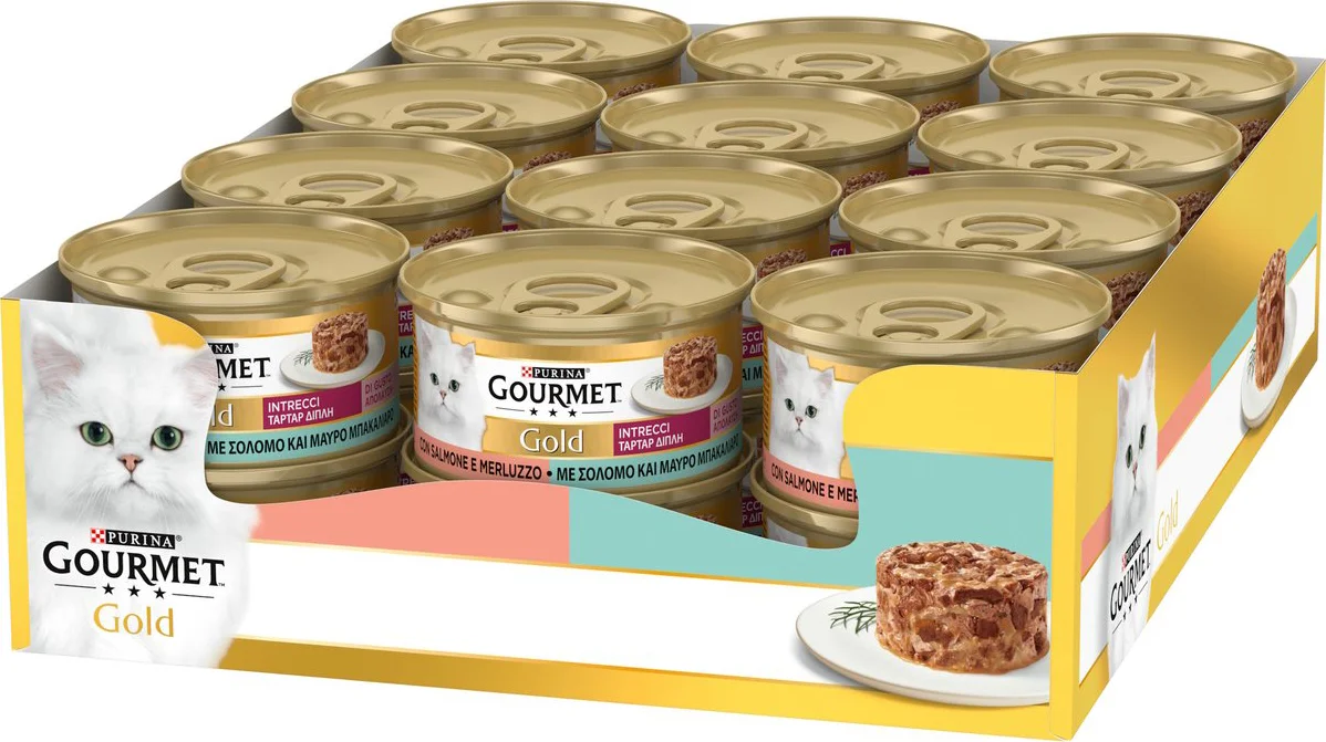24x Gourmet Kattenvoer Nat Gold Hartig Torentje Duo Zalm en Koolvis 85 gr