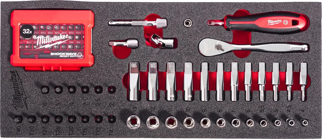 Milwaukee TOOLGUARD™ Foam inlay FOUR FLAT 1/4" doppen- en bitset 76-delig - 4932499293