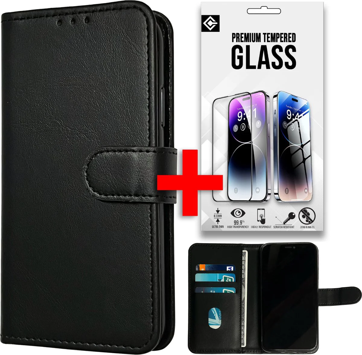 Casemania Hoesje Geschikt voor Samsung Galaxy A15 - Zwart + Tempered Glazen Screenprotector - Luxe Portemonnee Book Case