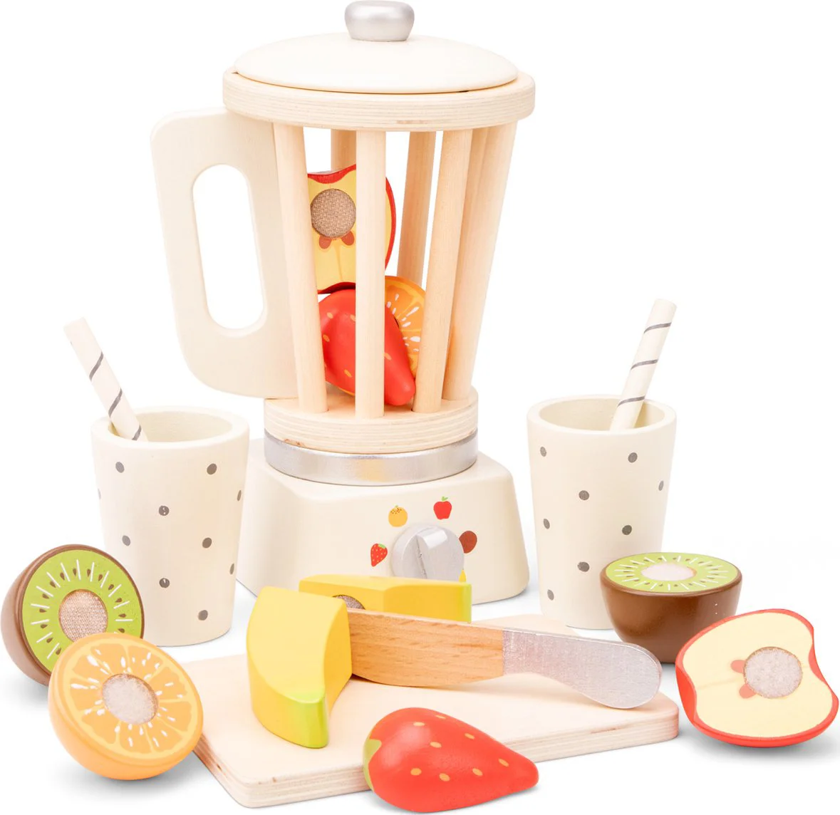 Woet® Houten Smoothie Maker Speelset - Inclusief 5 Stuks Fruit, een Snijplank en 2 Bekers - Speelgoedkeukenmachine voor Kinderen - Rollenspel Keukenspeelgoed - Vanaf 3 Jaar