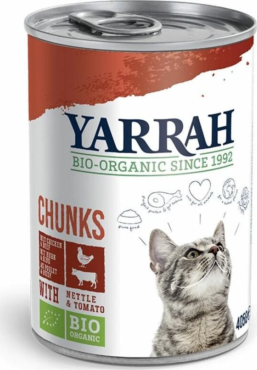 12x Yarrah Bio Kattenvoer Chunks Kip & Rund 405 gr