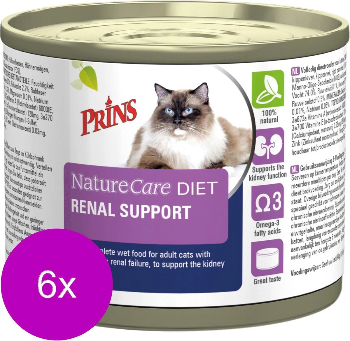 6x Prins NatureCare Diet Kattenvoer Nat Renal Support 200 gr