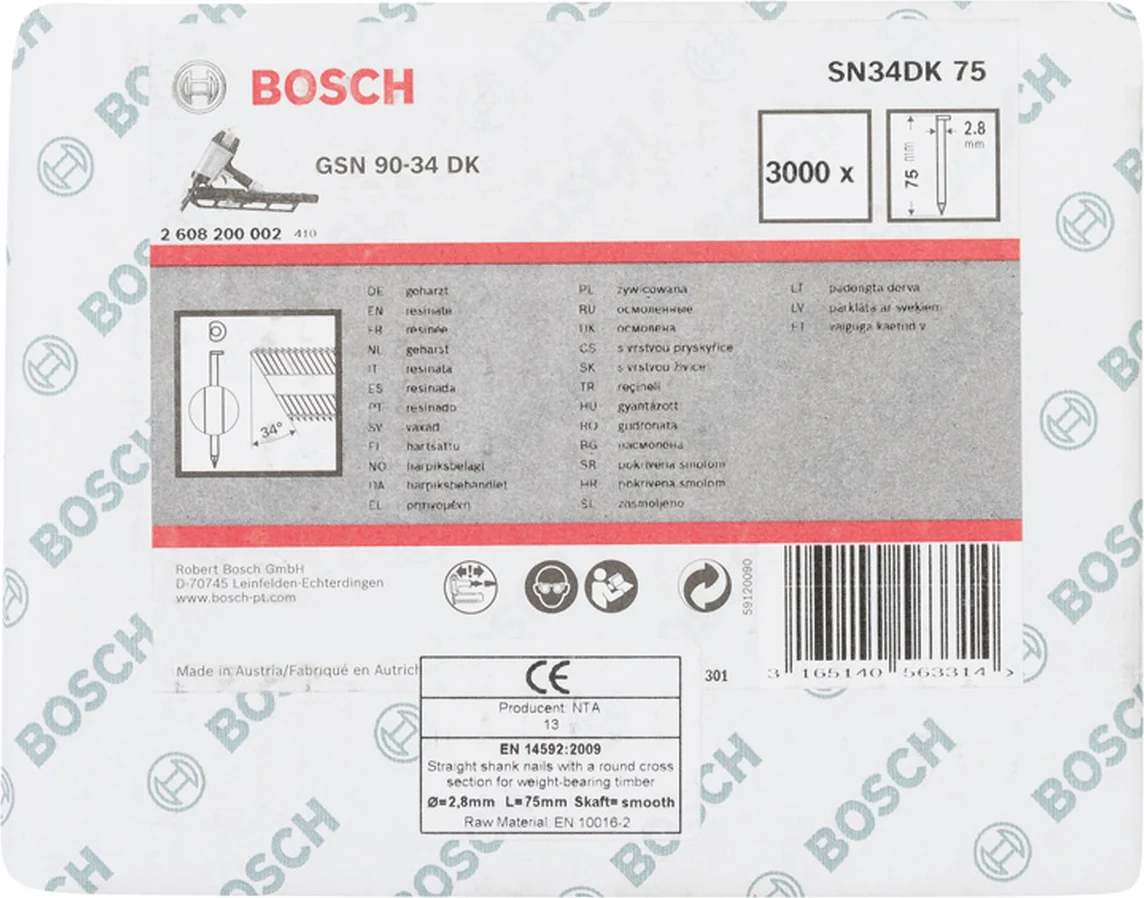 Bosch Professional PRO SN34CH D-kop nagel 75 mm | 34° | Glad | Blank | 2,8 x 7,0 (D-vorm) | 3000 stuks - 2608200002