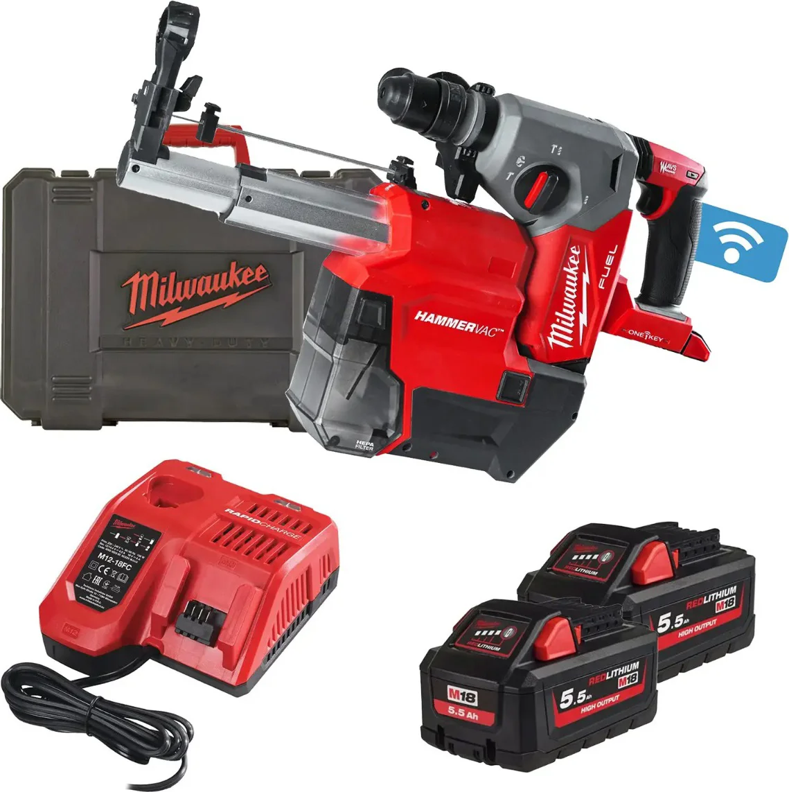 Milwaukee M18 FUEL™ ONEFHX DEL-552C ONE-KEY™ Accu combihamer SDS-Plus 2,5J + snelwisselboorkop + stofafzuiging 18V 5.5Ah in in koffer - 4933478506