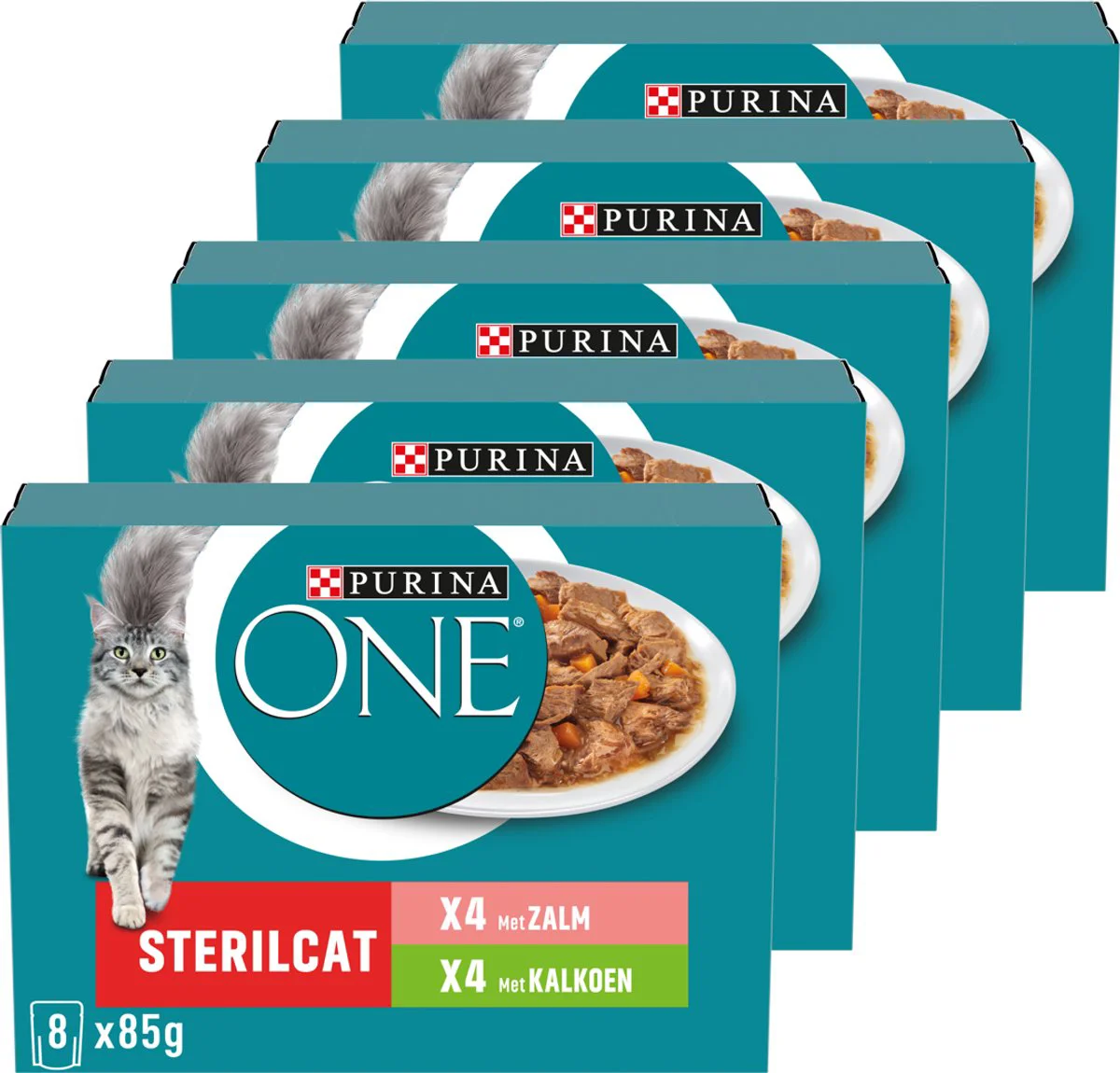 5x Purina ONE Kattenvoer Nat Adult Sterilcat Kalkoen & Zalm 8 x 85 gr
