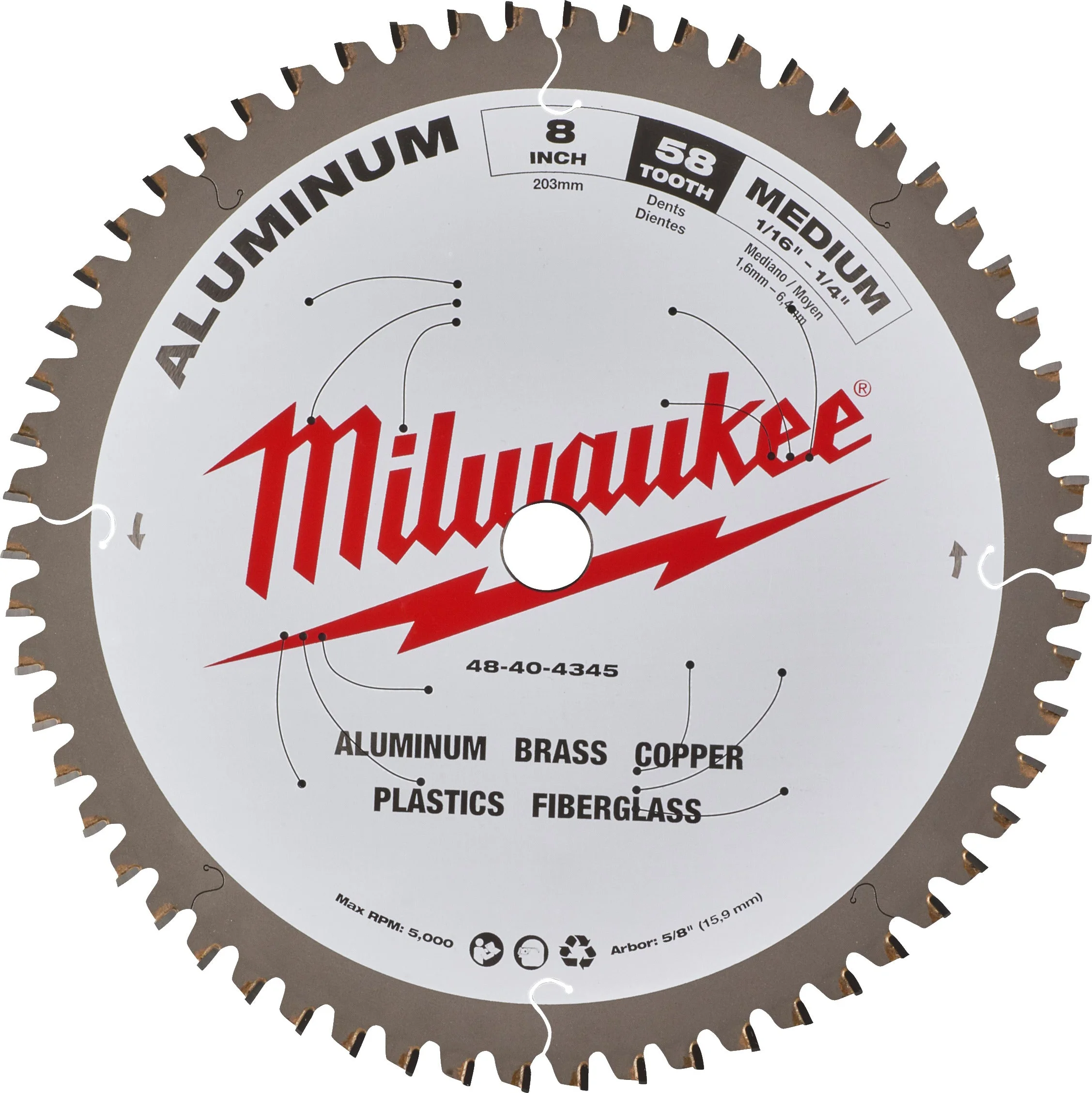 Milwaukee Cirkelzaagblad voor Aluminium | Ø 203mm Asgat 15,87mm 58T - 48404345