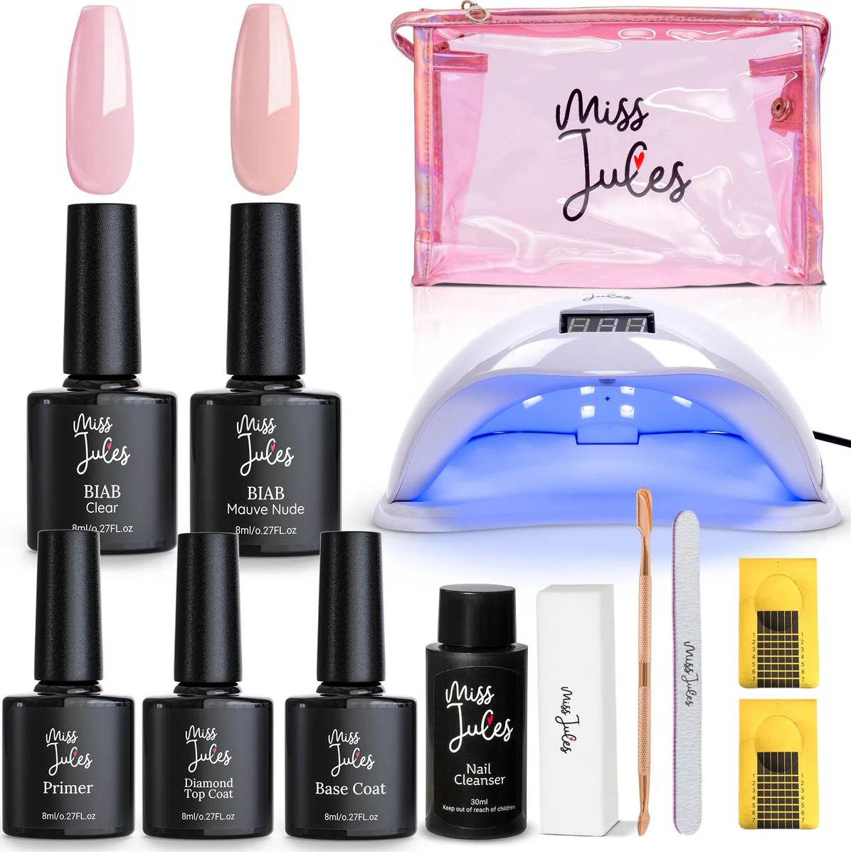Miss Jules® BIAB Set – Builder in a Bottle Gellak Set met 48W UV LED Lamp Nagels – Gellak Lamp & Nagel Kit met Gellak Kleuren – Starterset inclusief Nail Cleanser - HEMA & TPO vrij - Incl. Instructievideo