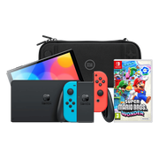 Nintendo Switch OLED Blauw/Rood + Super Mario Bros. Wonder + BlueBuilt Beschermhoes