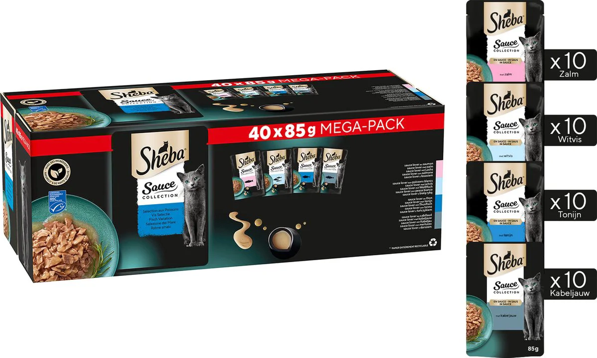 Sheba Sauce Collection Kattenvoer Natvoer Mix Selectie in Saus Kuipjes 40 x 85 gr