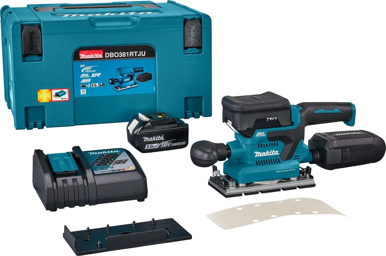 Makita DBO381RTJU Accu vlakschuurmachine met AWS 18V 5.0Ah in Mbox
