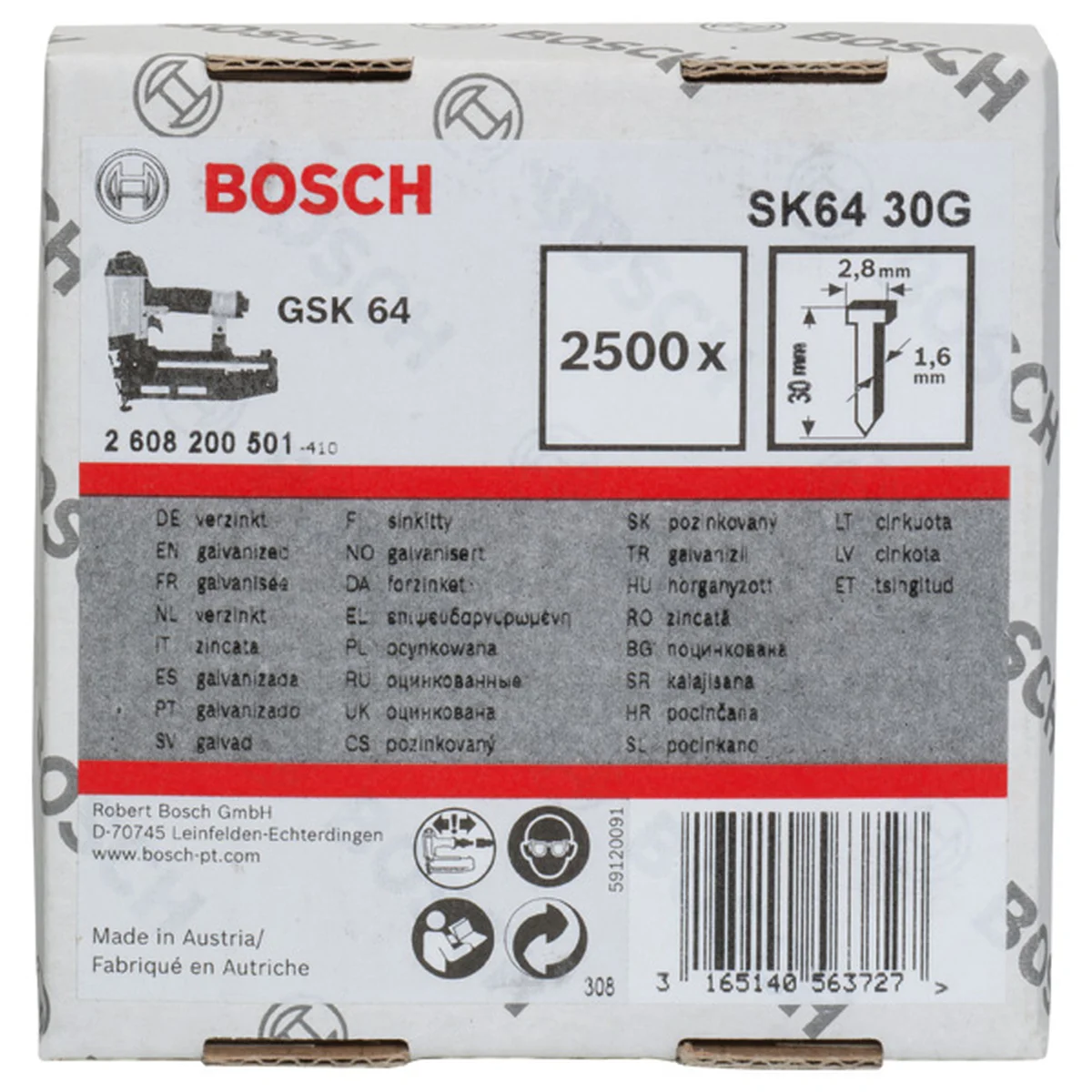 Bosch Professional PRO SK64 Afwerknagel 30 mm | 16Ga | Gegalvaniseerd | 2,8 x 1,6 mm 2500 stuks - 2608200501