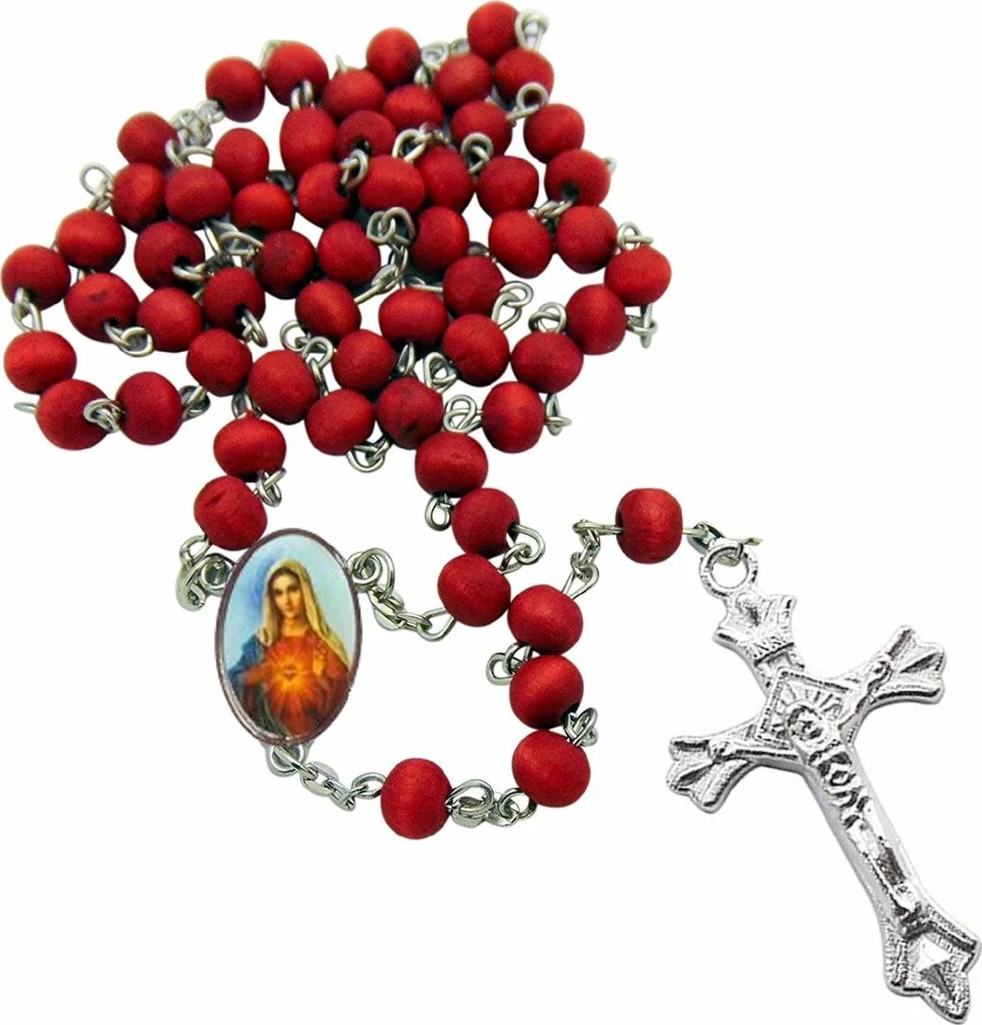 Fako Bijoux® - Ketting - Rozenkrans - Maagd Maria - Sandelhout - Rood