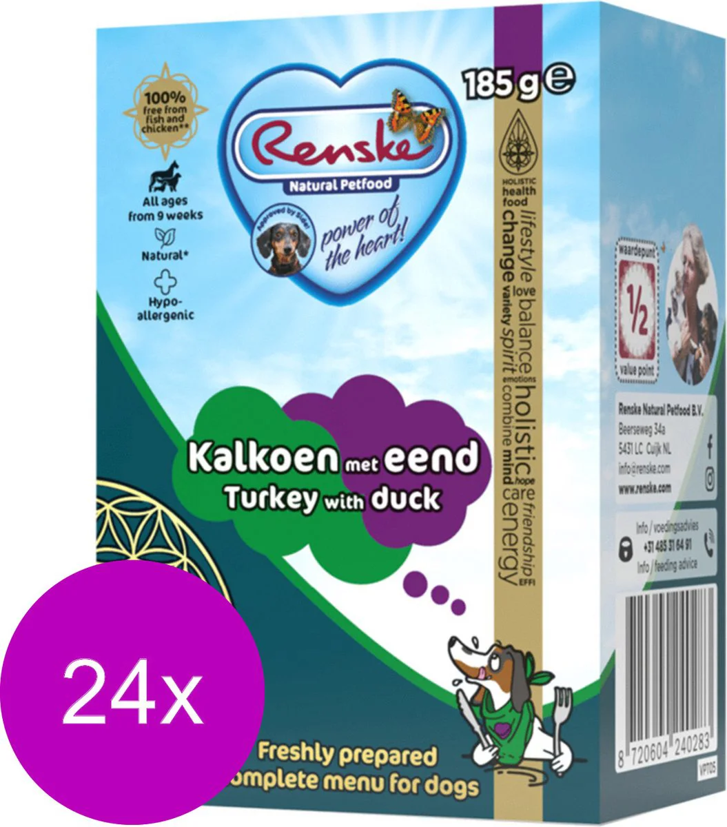 24x Renske Vers Tetra Hondenvoer Nat Kalkoen met Eend 185 gr