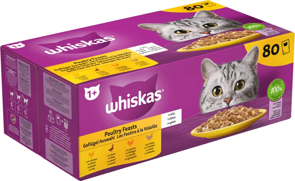 Whiskas Adult 1+ Kattenvoer Nat Maaltijdzakjes Multipack Gevogelte Selectie in Gelei 80x85 gr