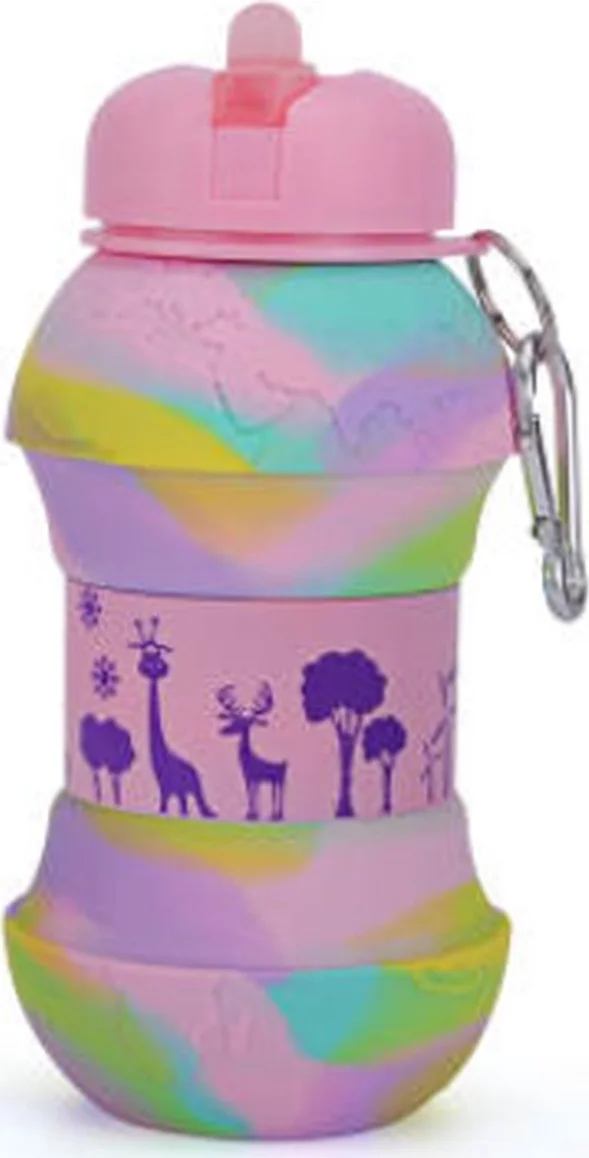 Wereld kaart Roze 600 ml waterfles voor kinderen - Pop it waterfles - Sportfles -Back to school - Stress relief features - Manks Kids Collections waterbottle - Easy fold waterfles - Reis waterfles
