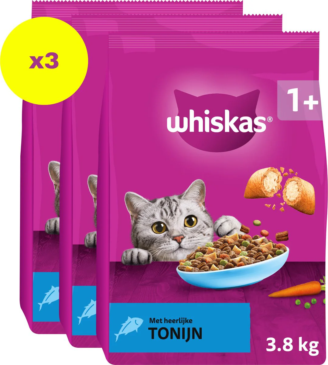 3x Whiskas 1+ Adult Katten Droogvoer Tonijn 3,8 kg